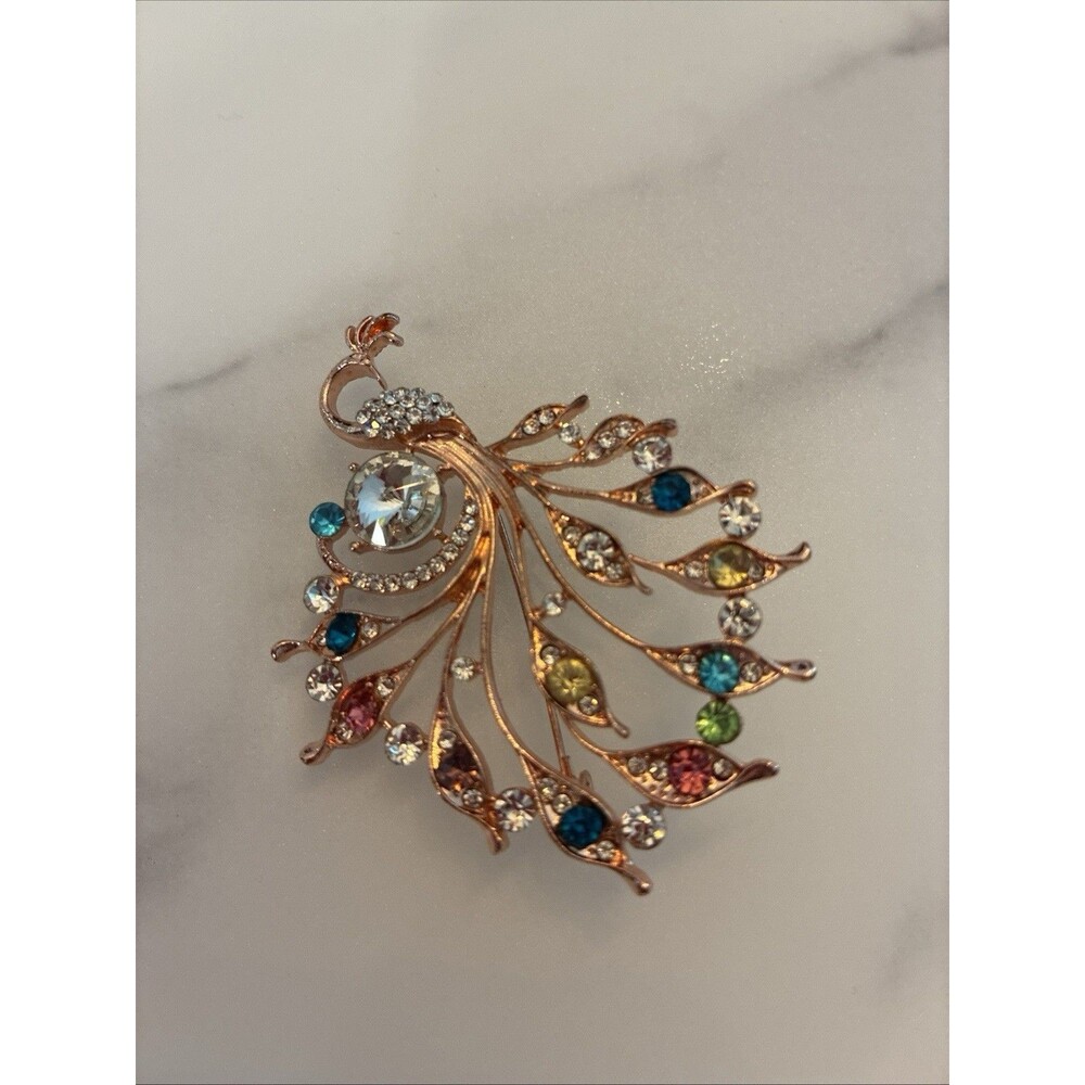 Vintage Style Brooch Peacock Multi Color Rhinestone  Rose Gold Tone Bird Pin